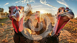 Two turkeys stand in a field, silhouetted against the setting sun