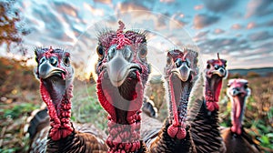Two turkeys stand in a field, silhouetted against the setting sun