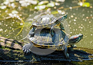 Two turtles basking on a log