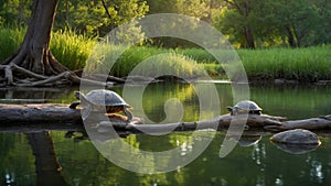 Two Turtles Resting on a Log in a Tranquil Pond at Sunset with Lush Greenery
