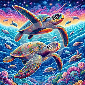 Two turtles swimming in a colorful, psychedelic ocean with stars and fish.
