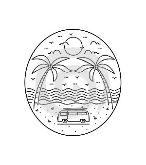 two twin coconut trees on a beautiful beach in mono line art