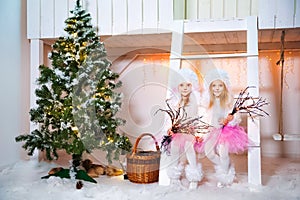 Two twin sisters in doggie dresses at the front of a white wooden house are playing. Girls and poodles decorated for Christmas and