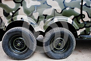 Two twin wheels at military truck jeep car