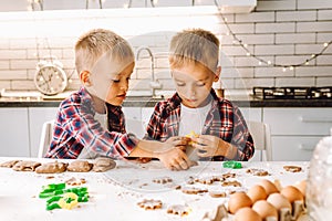 Two twins boys preparing cookies for Christmas ot New Year in light kitchen