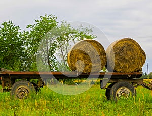 Two twisted hay rolls on a cart in the field