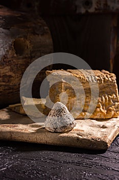 Two types of cheese on a ceramic board on a background of an old log. Rustic style.