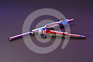 Two types of glow plug on a multicolored background. 3d rendering