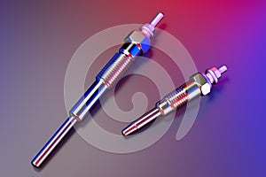 Two types of glow plug on a multicolored background. 3d rendering