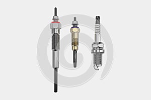 Two types of glow plug and spark plug on a white background. 3d rendering