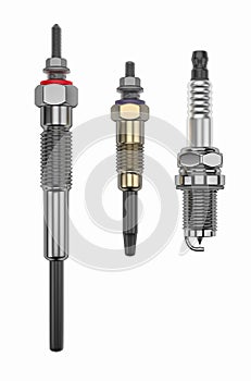 Two types of glow plug and spark plug on a white background. 3d rendering