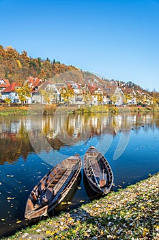 Two typical rowing boats on the Neckar river in Southern Germany