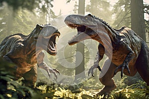 Two tyrannosaurus rex are fighting in pine forest . Created by generative AI