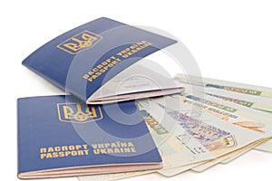 Two Ukrainian passports on the travel visas closeup