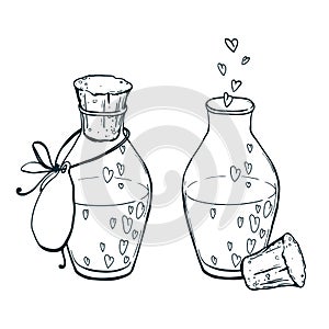 Two uncolor flasks with hearts icon in hand drawn style. Love elixir