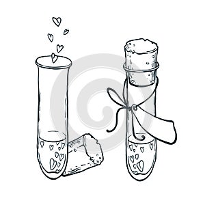 Two uncolor tube-tests with hearts icon in hand drawn style. Love elixir