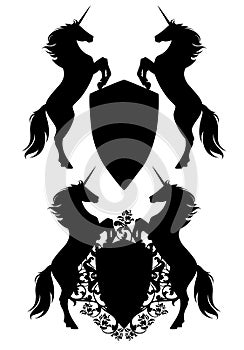 Two unicorns holding black vector heraldic shield