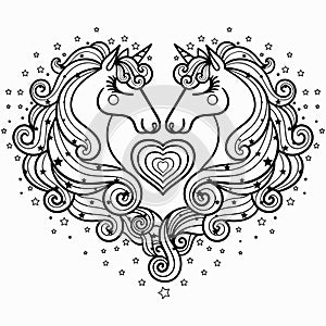 Two unicorns with a long mane. The magical animal. Black and white. Coloring pages for adults and children.