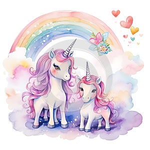 Two unicorns with rainbow and flowers