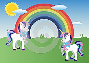 Two Unicorns. Rainbow, sun, blue sky. Vector unicorn