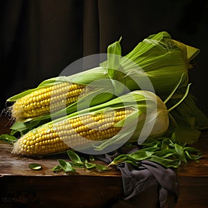 Two unpeeled yellow corn cobs on a wooden table dark background. Corn as a dish of thanksgiving for the harvest