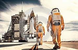 Two unrecognizable astronauts wearing yellow space suits walking to space shuttle on launch pad ready to take off