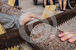 Two unrecognizable men saw a wooden log