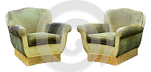 Two upholstered green velvet armchairs