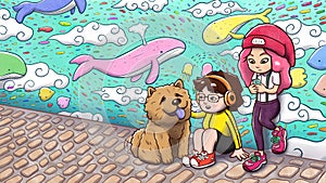 Two urban girls and a chow chow dog in front of a graffiti wall - painted version