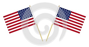 Two US flags isolated on white background. USA flag on pole  vector illustration