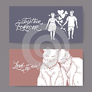 Two Valentine romantic banners with two cats, boy and girl holding hands and brush lettering.