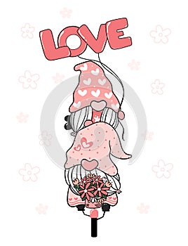 Two Valentine Romantic Gnome couple on pink bicycle LOVE clip art  Happy Love cartoon vector