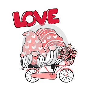 Two Valentine Romantic Gnome couple on pink bicycle LOVE clip art  Happy Love cartoon vector