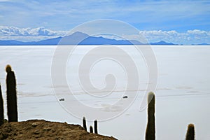 Two van running on the pure white Salar de Uyuni, world`s largest salt flats view from Isla Incahuasi rock formation, Bolivia