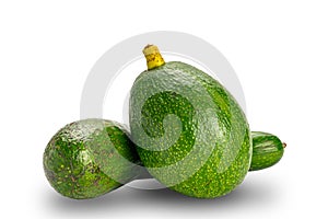 Two varieties of avocadoes fruit on white background