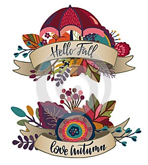 Two vector autumn bouquets with ribbons, lettering phrases.