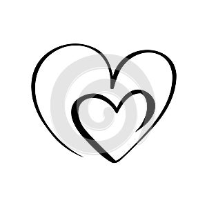 Two vector black hearts sign. Icon on white background. Illustration romantic symbol linked, join, love, passion and