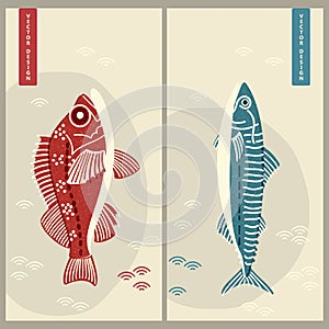 Two vector cards with hand drawn fish mackerel and perch. design for business, print, card, food industry