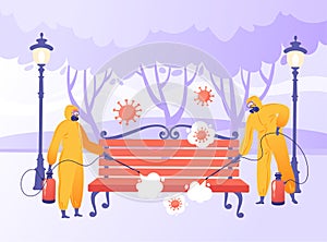 Two vector characters in flat cartoon style wearing special protective suits, overalls, goggles and gas masks spray disinfectant o