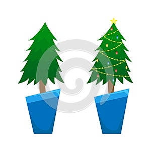 Two vector Christmas trees. Christmas tree before decorating and after