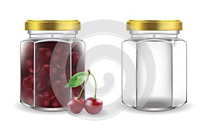 Glass jars with cherry jam and empty