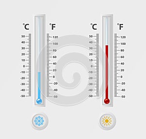 Two vector realistic 3d celsius and fahrenheit meteorology, weather thermometer sign icon set closeup isolated on white