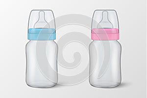 Two vector realistic empty blank baby bottles with cap for boy - blue - and girl - pink - icon set closeup isolated