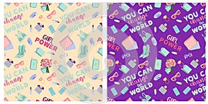 Two vector seamless patterns with lettering â€œYou can Change the Worldâ€ and â€œGirl Powerâ€.