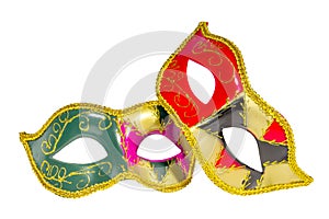 Two Venetian carnival half-mask gold red green black pink asymmetry pattern