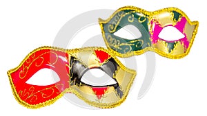 Two Venetian carnival half-mask gold red green black pink asymmetry pattern