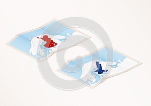 Two versions of a folded map of Finland with the flag of the country of Finland and with the red color highlighted