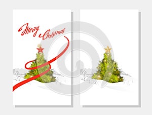 Two vertical banners with fluffy young Christmas trees and sparkling lights against the backdrop of a winter landscape. The