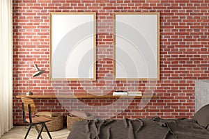 Two vertical  blank posters frames blank poster frame mock up on the red brick wall in interior of loft bedroom
