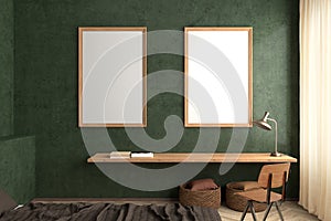 Two vertical  blank posters frames mock up on the green concrete wall in interior of industrial style bedroom